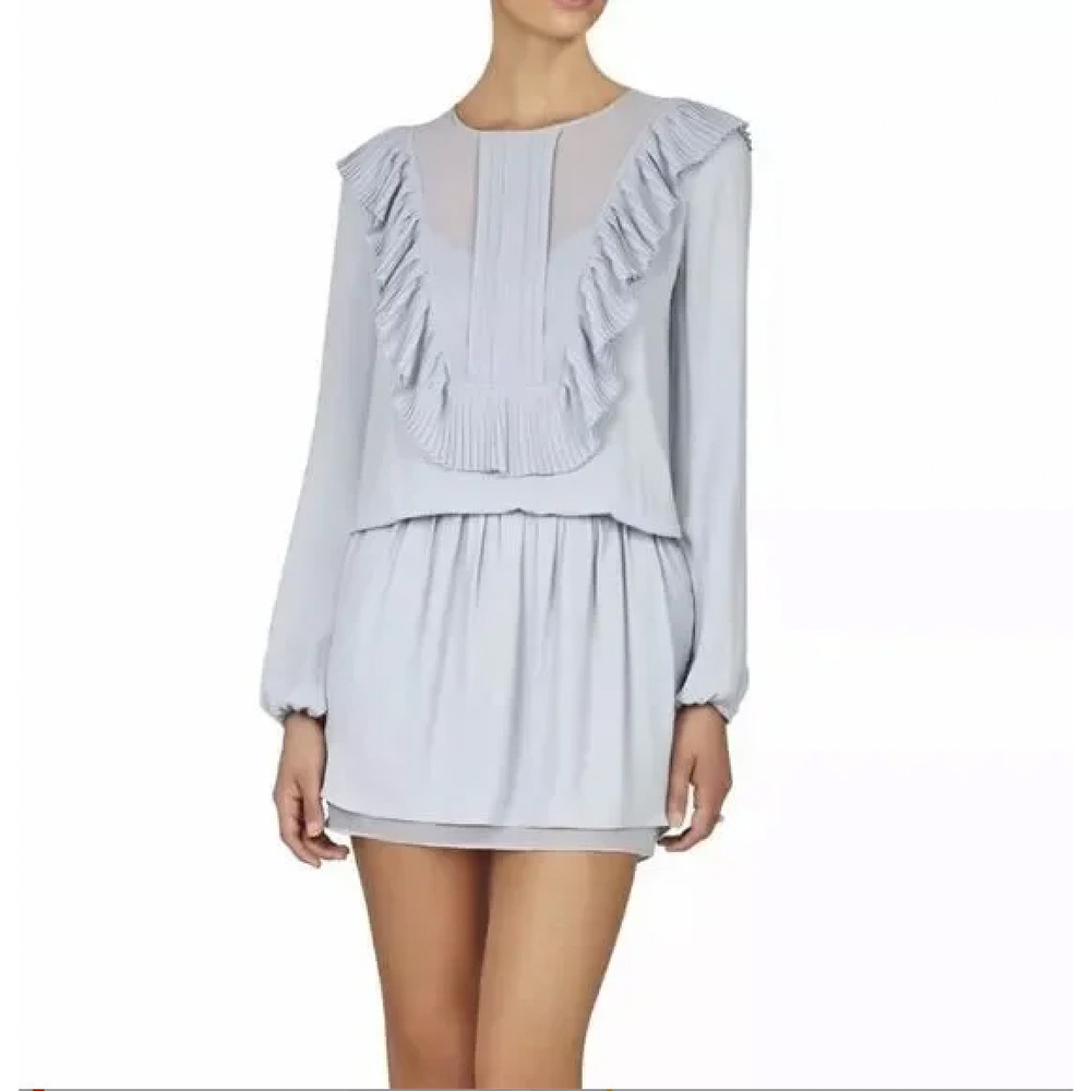 BCBGMaxazria Kristey Pleated Ruffle‎ Bib Dress in Light Dusty Blue, Size Large